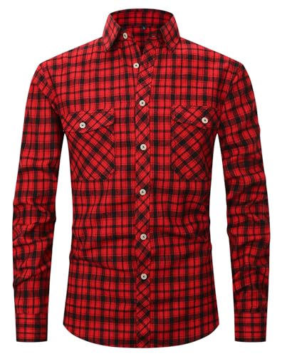 Boyzn Flanellhemd Herren Hemd Langarm Freizeithemd Kariertes Hemd Business Hemd Kontrast Hemd mit Karomuster Langarmhemd mit Zwei Taschen Red/Black-2XL von Boyzn