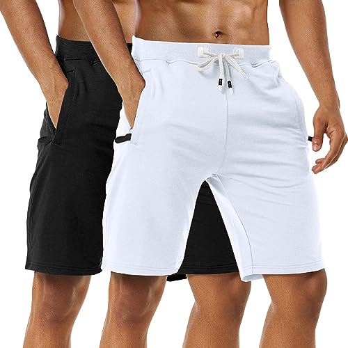 Boyzn Herren 2er Pack Sport Shorts, Sommer Fitness Shorts Schnelltrocknende Laufshorts, Atmungsaktiv Baumwolle Kurze Hose Trainingsshorts Mit Reißverschlusstaschen Black/White-M von Boyzn