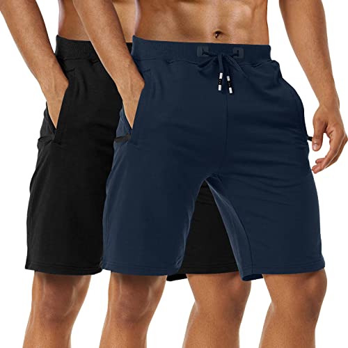 Sporthose Herren Kurz - Kurze Hosen Herren, Laufshorts Männer Sommer Baumwolle Jogginghose Fitnesshose Sport Shorts Mens Kurze Hosen Trainingshose Mit Reißverschlusstasch, 2er-Pack Black/Navy-2XL von Boyzn