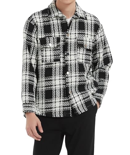 Boyzn Herren Button Down Loose Fit Langarm Dicke Plaid Casual Hemdjacke mit Taschen Black-2XL von Boyzn