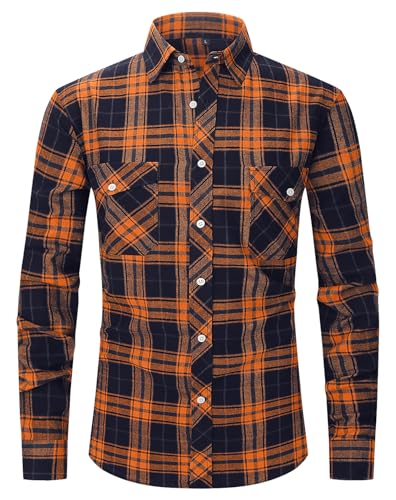 Flanellhemd Herren Hemd Kariertes Hemd Freizeithemd Flanell Hemden Langarmhemd Casual Button Down Shirt Langarm Freizeithemd mit Zwei Taschen Orange/Navy-M von Boyzn