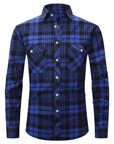 Flanellhemd Herren Kariertes Hemd Button Down Shirt Outdoor Freizeithemden Flanellhemden Herren Langarm Flanell Hemd mit Zwei Taschen Blue/Black-2XL von Boyzn