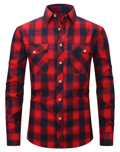 Flanellhemd Herren Kariertes Hemd Langarm Flanell Hemden Casual Button Down Freizeithemd Hemd Herren Langarm mit Zwei Taschen Red/Navy-M von Boyzn