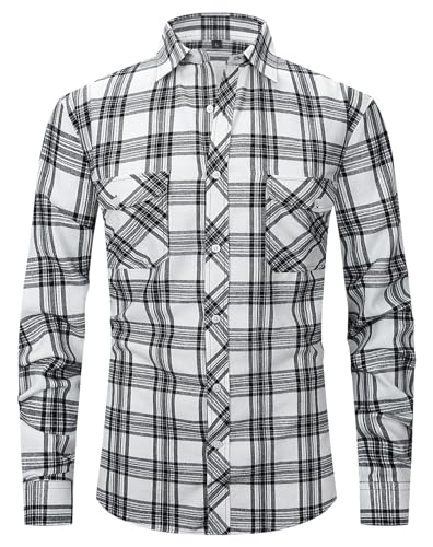 Hemd Herren Flanellhemd Kariert Herren Freizeithemd Langarmhemd Western Business Karohemd Casual Button Down Freizeithemd mit Zwei Taschen White/Black-S von Boyzn