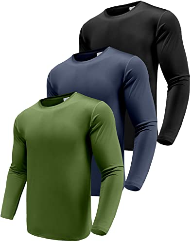 Herren 3er Pack Langarmshirt T-Shirts, UPF 50+ UV Schnelltrocknend Funktionsshirt Laufshirts, Atmungsaktiv Langarm Sportshirt Gym Shirt Outdoor Workout Fitness Oberteil Black/Navy/Army Green-3P04-L von Boyzn