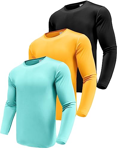 Herren 3er Pack Langarmshirt T-Shirts, UPF 50+ UV Schnelltrocknend Funktionsshirt Laufshirts, Atmungsaktiv Langarm Sportshirt Gym Shirt Outdoor Workout Fitness Oberteil Black/Yellow/Mint Green-3P08-L von Boyzn