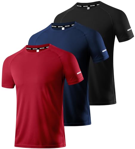 Herren 3er Pack Sport Tshirts Kurzarm Funktionsshirt Laufshirt Mesh Schnelltrocknend Atmungsaktiv Sport T-Shirts Sommer Fitness Trainingsshirt Running Shirts für Männer Black/Navy/Red-3P01-L von Boyzn