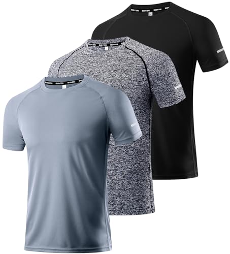 Herren Kurzarm T-Shirt Leicht Schnelltrocknend UPF 50 Sun Shirt Tops Funktionsshirt Fitness Shirt Atmungsaktiv Schnelltrocknend Sport Shirt Outdoor Laufshirt Sport Oberteil Black/Gray/HGrey-3P03-L von Boyzn