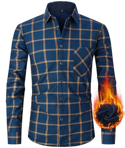 Kariertes Flanellhemd für Herren, Hemdjacke Herren Flanell Fleecejacke Langarm Thermohemd Gefüttert karierte Jacke, Casual Button Down Freizeithemd Warm Winterjacke mit Brusttasche Navy-P1-S von Boyzn