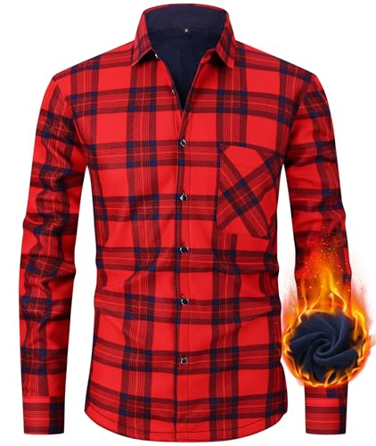 Kariertes Flanellhemd für Herren, Hemdjacke Herren Flanell Fleecejacke Langarm Thermohemd Gefüttert karierte Jacke, Casual Button Down Freizeithemd Warm Winterjacke mit Brusttasche Red/Navy-P7-L von Boyzn