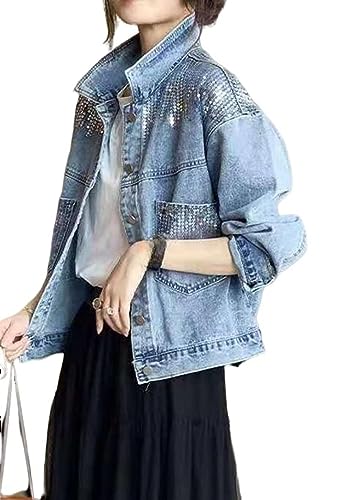 Jeansjacke Mädchen,Damen Jeansjacke Mit Glänzendem Pailletten Design Reverskragen Gewaschene Modische Jeans Shacket Distressed Denim Trucker Lässiger Cardigan Mantel Western Outwear Für Mädchen Herb von BrOleo