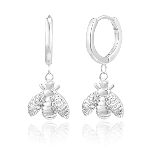 Brandlinger ® Ohrringe Silber 925 hängend. Creolen mit Anhänger Biene mit Zirkonia Stein. Schmuck Damen vergoldet mit 18 Karat (Silber und Gold) für Frauen und Mädchen. Ø Creolen 12,5mm. (Silber) von Brandlinger