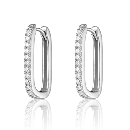 Brandlinger ® eckige Statement Ohrringe Silber 925. Creolen rechteckig. Schmuck Damen vergoldet mit 18 Karat (Silber und Gold) für Frauen und Mädchen. Größe der Hoops 20,3mm. (Silber (weiße Steine)) von Brandlinger