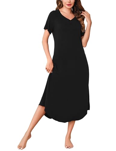 Bresdk Nachthemd Damen Nachtwäsche Lang Baumwolle Nachtkleid mit Knopfleiste Sleepshirt Schwarz M von Bresdk