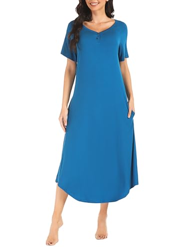 Bresdk Nachthemd Damen Schlafshirt Kurzarm Lang Baumwolle mit Knöpfe V Kragen Nachtkleid Blau XXL von Bresdk