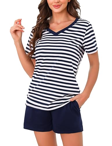 Bresdk Pyjama Damen Kurz Baumwolle Sommer Kurzarm V-Kragen Nachtwäsche Blau02 M954 L von Bresdk