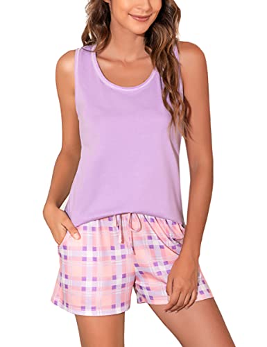 Bresdk Schlafanzug Damen Kurz Ärmellos Kurzarm Pyjama Set Sommer Nachtwäsche Set Top U Ausschnitt Kariert Schlafanzughose von Bresdk