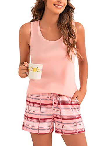 Bresdk Schlafanzug Damen Kurz Ärmellos Kurzarm Pyjama Set Sommer Nachtwäsche Set Top U Ausschnitt Kariert Schlafanzughose von Bresdk