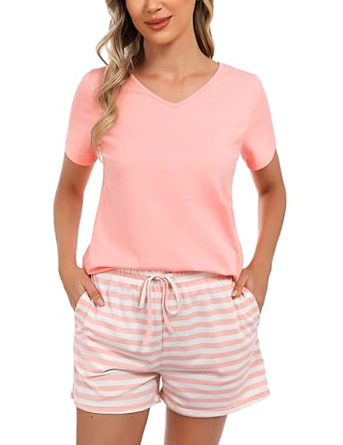 Bresdk Schlafanzug Damen Pyjama Set Sommer Kurz Shorty Nachtwäsche M1300 Rosa Gestreift XXL von Bresdk