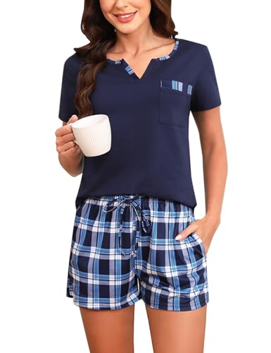 Bresdk Schlafanzug Damen Kurz Shorty Pyjama Set Baumwolle Sommer Nachtwäsche M1409 Blau M von Bresdk