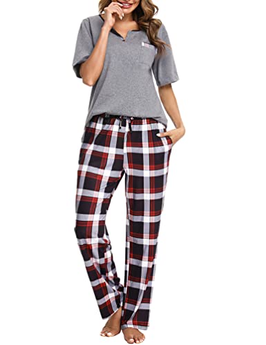 Bresdk Schlafanzug Damen Lang Kariert Kurzarm Pyjama Set Baumwolle Nachtwäsche Grau L von Bresdk