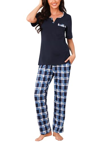 Bresdk Schlafanzug Damen Kurz Kurzarm Sommer Pyjama Set mit Lange Pyjamahose Hellblau L von Bresdk