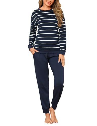 Bresdk Schlafanzug Damen Lang Pyjama Set Langarm Baumwolle Winter Nachtwäsche Frauen Dunkelblau XL von Bresdk