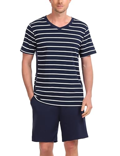 Bresdk Schlafanzug Herren Kurz Baumwolle Gestreift Sommer Pyjama Set Oberteile und Kurze Hosen Hausanzug Sleepwear von Bresdk