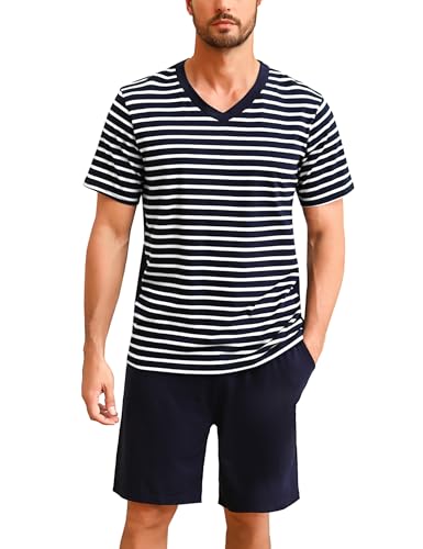 Bresdk Schlafanzug Herren Kurz Baumwolle Gestreift Sommer Pyjama Set Oberteile und Kurze Hosen Hausanzug Sleepwear von Bresdk