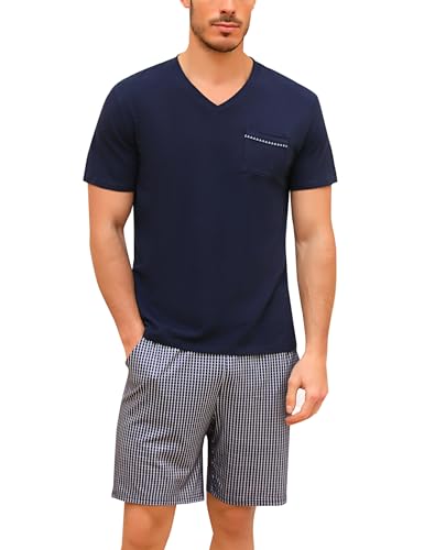 Bresdk Schlafanzug Herren Pyjama Set Kurz Sommer Baumwolle Männer Hausanzug Blau01 M216 XXL von Bresdk