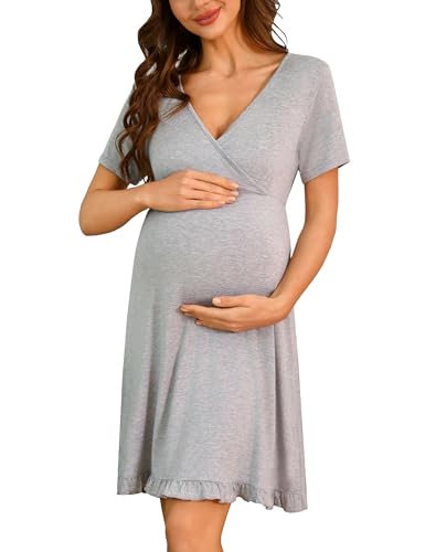 Bresdk Stillnachthemd Damen Nachthemd mit Stillfunktion Umstandskleid Umstandskleidung Nachthemden für Schwangere Grau XXL von Bresdk