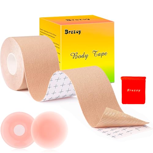 Brezoy Boobietape Klebe BH Rückenfrei Brust Tape Push Up BH, Boob Tape 2(1 Paar) Wiederverwendbare Silikon Brüste Nippelpads Body Tape für Abendkleider, Hochzeitskleid, Badeanzug von Brezoy