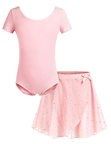 Bricnat Ballettkleidung Ballettkleid Mädchen Ballettanzug Kinder Ballett Trikot Kurzarm Tanzkleid Baumwolle Balletttrikot mit Chiffon Wickelrock Tütü Rosa 150 von Bricnat