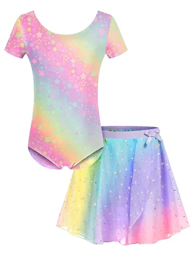 Bricnat Ballettkleidung Mädchen Ballettkleid Kinder Kurzarm Ballettanzug Tanzkleid Ballett Outfit Turnanzug Ballett Trikot mit Rock Tütü Regenbogen 150 von Bricnat