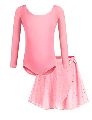 Bricnat Ballettkleidung Mädchen Ballettkleid Kinder Tanzbody Gymnastikanzug Balletttrikot Langarm Tanzkleid mit Tütü Kinder Baumwolle Dunkelrosa 120 von Bricnat