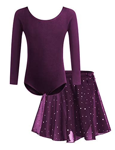 Bricnat Ballettkleidung Mädchen Ballettkleid Kinder Tanzbody Gymnastikanzug Balletttrikot Langarm Tanzkleid mit Tütü Kinder Baumwolle Lila 130 von Bricnat