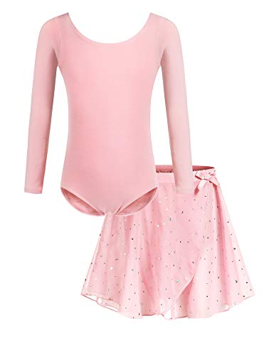 Bricnat Ballettkleidung Mädchen Ballettkleid Kinder Tanzbody Gymnastikanzug Balletttrikot Langarm Tanzkleid mit Tütü Kinder Baumwolle Rosa pink 120 von Bricnat