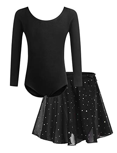 Bricnat Ballettkleidung Mädchen Ballettkleid Kinder Tanzbody Gymnastikanzug Balletttrikot Langarm Tanzkleid mit Tütü Kinder Baumwolle Schwarz 140 von Bricnat