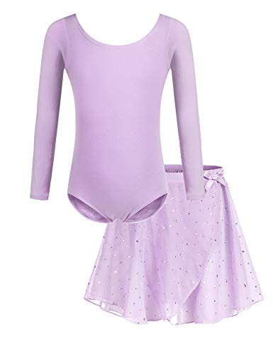 Bricnat Ballettkleidung Mädchen Ballettkleid Kinder Tanzbody Gymnastikanzug Balletttrikot Langarm Tanzkleid mit Tütü Kinder Baumwolle Violett 140 von Bricnat