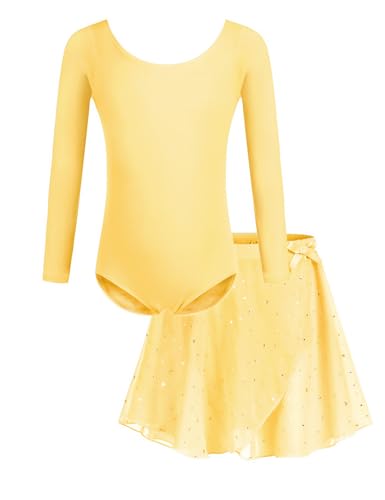 Bricnat Kinder Ballettkleidung Mädchen Ballettkleid Tanzbody Gymnastikanzug Balletttrikot Langarm Tanzkleid mit Tütü Kinder Baumwolle Gelb 130 von Bricnat