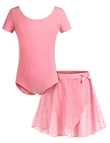 Bricnat Mädchen Ballettkleidung Ballettkleid Baumwolle Tanzbody Gymnastikanzug Balletttrikot Kurzarm Tanzkleid mit Tütü Kinder Dunkelrosa 130 von Bricnat