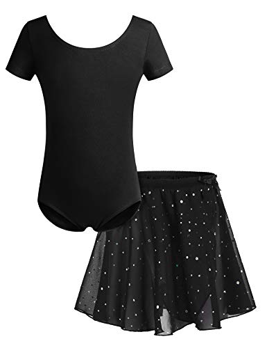 Bricnat Mädchen Ballettkleidung Ballettkleid Kinder Tanzbody Gymnastikanzug Balletttrikot Kurzarm Tanzkleid mit Tütü Baumwolle Schwarz 150 von Bricnat