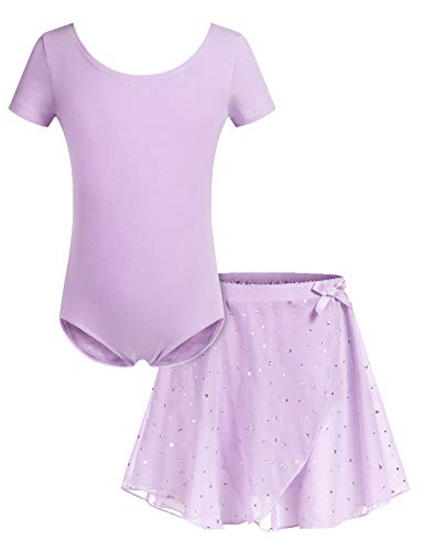 Bricnat Mädchen Ballettkleidung Ballettkleid Tanzbody Gymnastikanzug Balletttrikot Kurzarm Tanzkleid mit Tütü Kinder Baumwolle Violett 130 von Bricnat