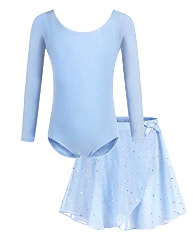 Bricnat Mädchen Ballettkleidung Kinder Ballettkleid Tanzbody Gymnastikanzug Balletttrikot Langarm Tanzkleid mit Tütü Kinder Baumwolle Blau 120 von Bricnat