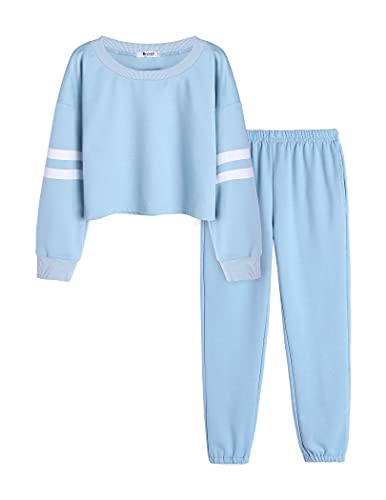 Bricnat Mädchen Trainingsanzug Kinder Sportkleidung 2tlg Jogginganzug Unifarben Bekleidungsset Sport Freizeitanzug Outfit-Set Langarm Einfarbig Blau 110 116 120 von Bricnat