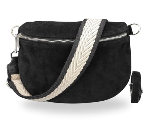 BRISE Damen Bauchtasche AFIA Handgemachte Umhängetasche Crossbody Bag aus Wildleder mit Ledergurt + Optionalen Breiten Gemusterten Riemen 3 Fächer Stylische Made in Italy Gürteltasche (Schwarz - 2) von Brise Art