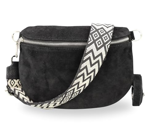 BRISE Damen Bauchtasche AFIA Handgemachte Umhängetasche Crossbody Bag aus Wildleder mit Ledergurt + Optionalen Breiten Gemusterten Riemen 3 Fächer Stylische Made in Italy Gürteltasche (Schwarz - 3) von Brise Art