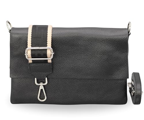 BRISE Damen Umhängetasche ELISA Schlanke Tasche mit 3 Fächer Handgemachte Crossbody Bag Echtes Leder mit Ledergurt + Optionalen Breiten Gemusterten Riemen Made in Italy Schultertasche (Schwarz-4) von Brise Art