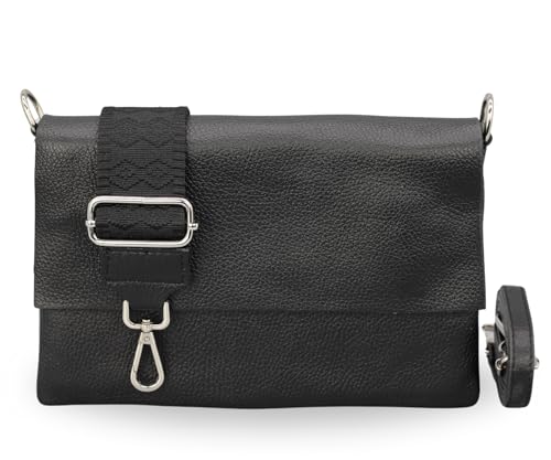 BRISE Damen Umhängetasche ELISA Schlanke Tasche mit 3 Fächer Handgemachte Crossbody Bag Echtes Leder mit Ledergurt + Optionalen Breiten Gemusterten Riemen Made in Italy Schultertasche (Schwarz-5) von Brise Art