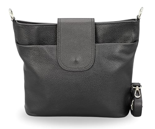 BRISE Damen Umhängetasche ELLIE Handgemachte Crossbody Bag Echtes Leder mit Ledergurt + Optionalen Breiten Gemusterten Riemen 7 Fächer Wasserdichte Made in Italy Schultertasche (Schwarz - 1) von Brise Art